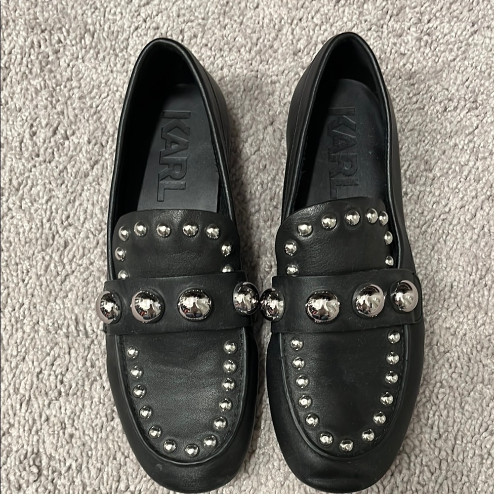 Karl Lagerfeld Black Leather Studded Loafers